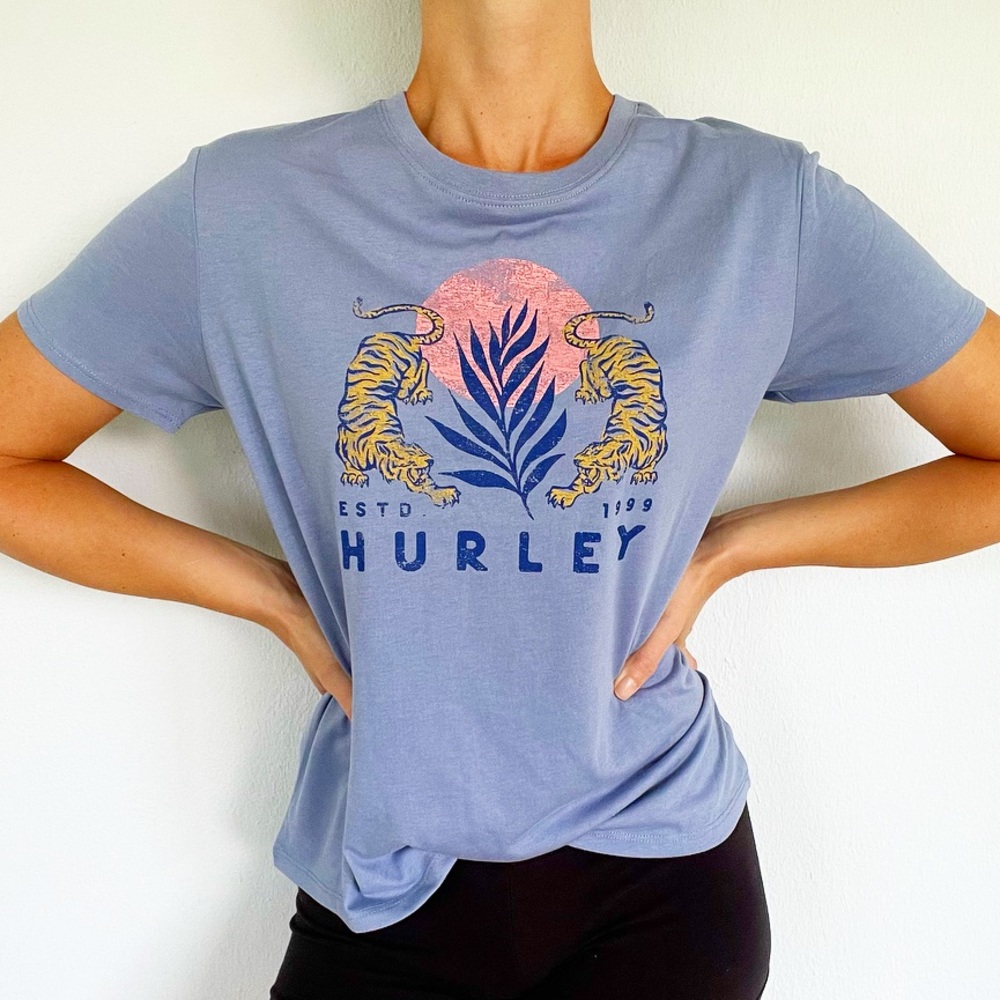 Hurley slate blue tropical tiger print casual cotton tee size small